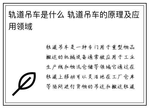 轨道吊车是什么 轨道吊车的原理及应用领域